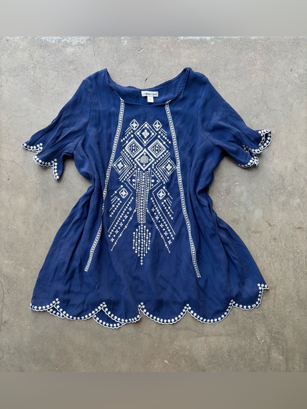 Coldwater Creek Navy Embroidered Scalloped Hem Tunic Blouse Boho Plus 1X